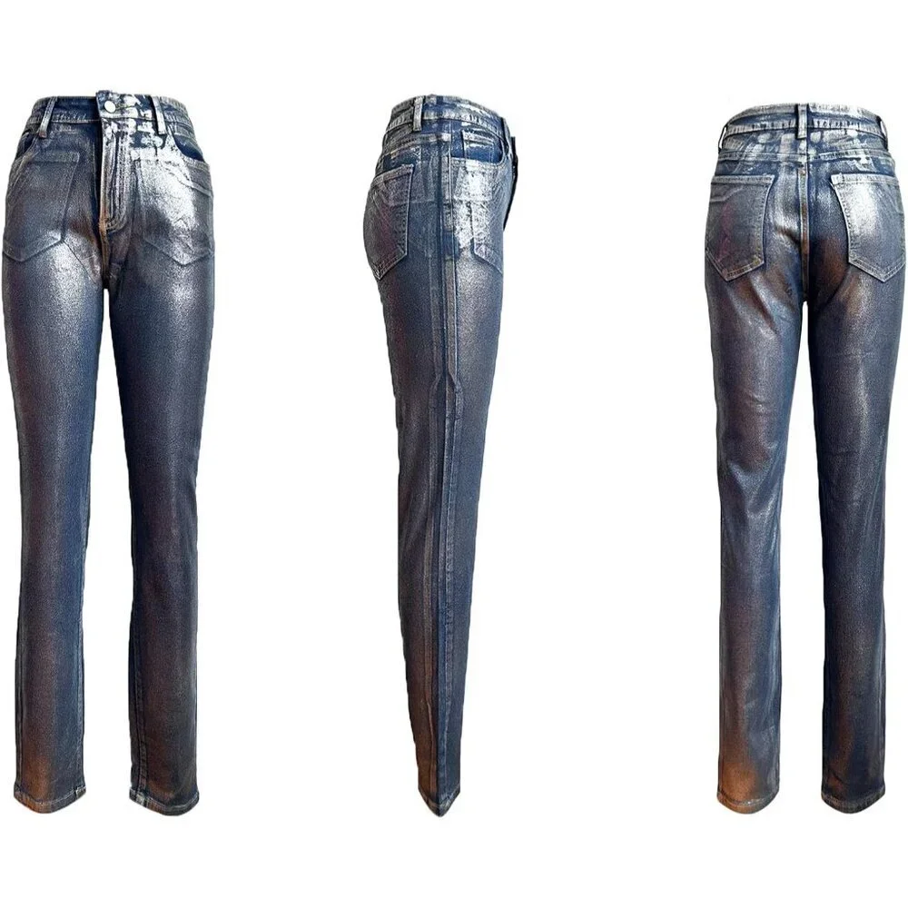 Women's High Waist Metallic Silver Skinny Jeans Stretchy Slim Fit Denim - Picture 5 of 6